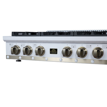 Valente 36" Gas Cooktop in White, 6 Sealed burners, 71,000 BUT Output, 1 Antique Brass Dual-Ring Burner, Continuous Cast Iron Grates FORNO