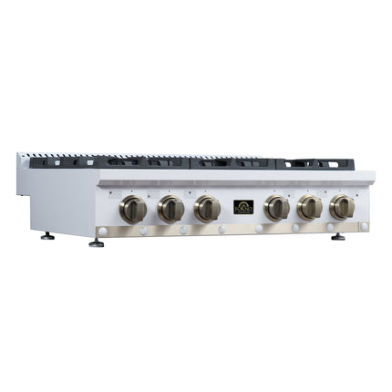 Valente 36" Gas Cooktop in White, 6 Sealed burners, 71,000 BUT Output, 1 Antique Brass Dual-Ring Burner, Continuous Cast Iron Grates FORNO