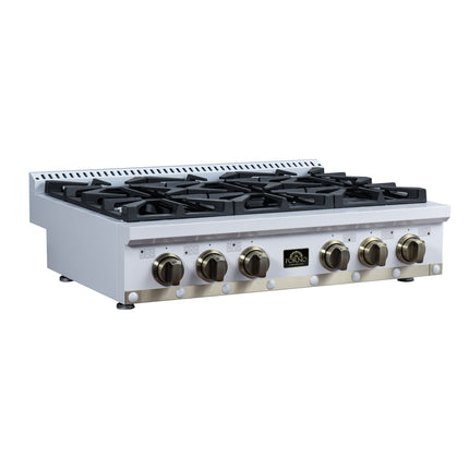Valente 36" Gas Cooktop in White, 6 Sealed burners, 71,000 BUT Output, 1 Antique Brass Dual-Ring Burner, Continuous Cast Iron Grates FORNO