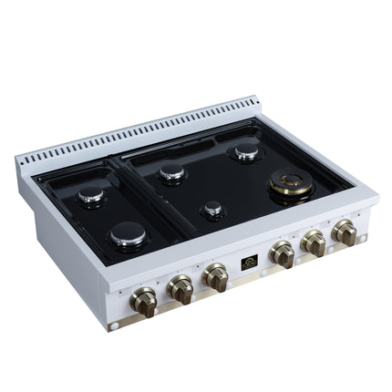 Valente 36" Gas Cooktop in White, 6 Sealed burners, 71,000 BUT Output, 1 Antique Brass Dual-Ring Burner, Continuous Cast Iron Grates FORNO