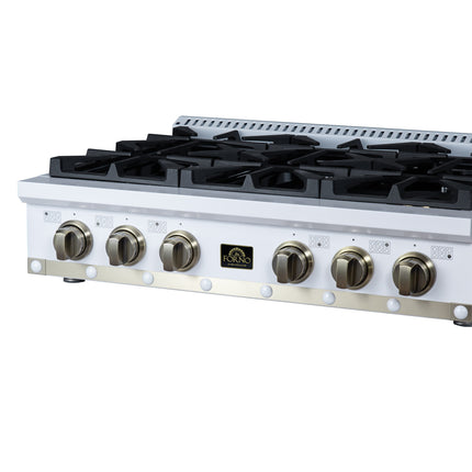 Valente 36" Gas Cooktop in White, 6 Sealed burners, 71,000 BUT Output, 1 Antique Brass Dual-Ring Burner, Continuous Cast Iron Grates FORNO
