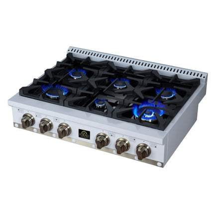 Valente 36" Gas Cooktop in White, 6 Sealed burners, 71,000 BUT Output, 1 Antique Brass Dual-Ring Burner, Continuous Cast Iron Grates FORNO