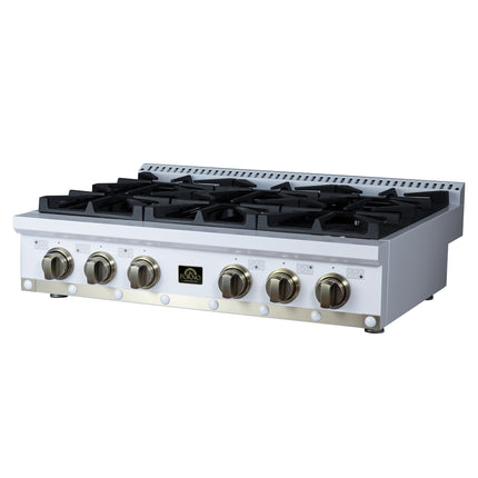 Valente 36" Gas Cooktop in White, 6 Sealed burners, 71,000 BUT Output, 1 Antique Brass Dual-Ring Burner, Continuous Cast Iron Grates FORNO