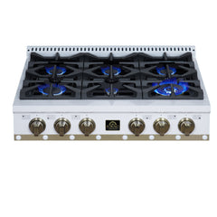 Valente 36" Gas Cooktop in White, 6 Sealed burners, 71,000 BUT Output, 1 Antique Brass Dual-Ring Burner, Continuous Cast Iron Grates FORNO