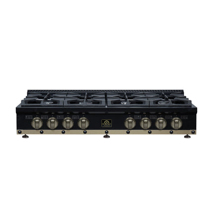 Valente 48" Gas Cooktop in Black, 8 Sealed burners, 94,000 BUT Output, 2 Antique Brass Dual-Ring Burners, Continuous Cast Iron Grates FORNO