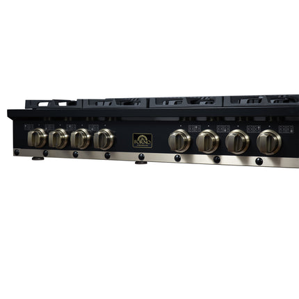 Valente 48" Gas Cooktop in Black, 8 Sealed burners, 94,000 BUT Output, 2 Antique Brass Dual-Ring Burners, Continuous Cast Iron Grates FORNO