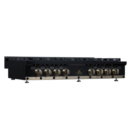 Valente 48" Gas Cooktop in Black, 8 Sealed burners, 94,000 BUT Output, 2 Antique Brass Dual-Ring Burners, Continuous Cast Iron Grates FORNO