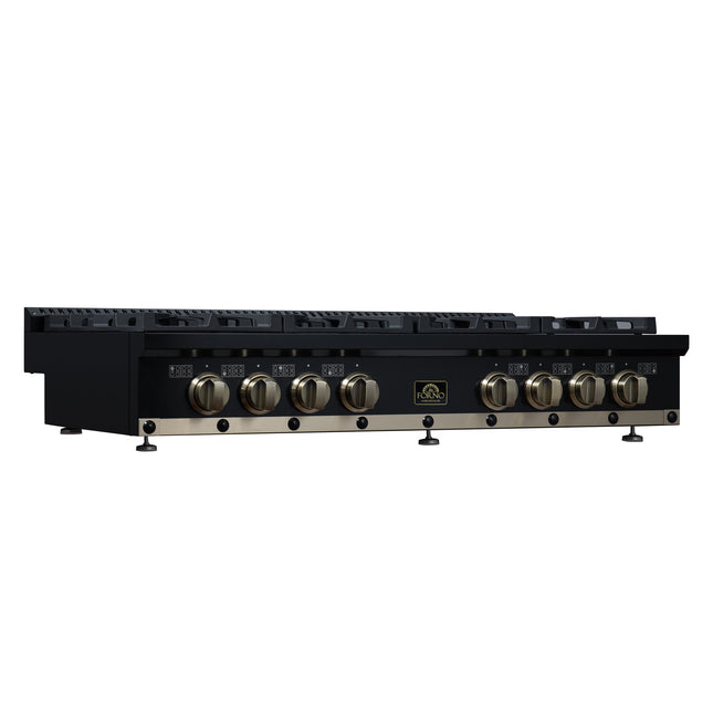 Valente 48" Gas Cooktop in Black, 8 Sealed burners, 94,000 BUT Output, 2 Antique Brass Dual-Ring Burners, Continuous Cast Iron Grates FORNO