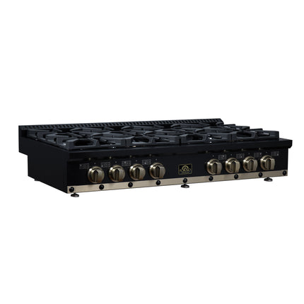 Valente 48" Gas Cooktop in Black, 8 Sealed burners, 94,000 BUT Output, 2 Antique Brass Dual-Ring Burners, Continuous Cast Iron Grates FORNO