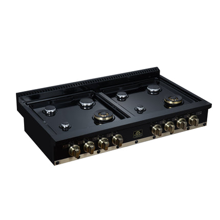 Valente 48" Gas Cooktop in Black, 8 Sealed burners, 94,000 BUT Output, 2 Antique Brass Dual-Ring Burners, Continuous Cast Iron Grates FORNO