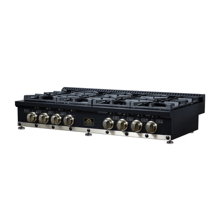 Valente 48" Gas Cooktop in Black, 8 Sealed burners, 94,000 BUT Output, 2 Antique Brass Dual-Ring Burners, Continuous Cast Iron Grates FORNO