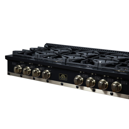 Valente 48" Gas Cooktop in Black, 8 Sealed burners, 94,000 BUT Output, 2 Antique Brass Dual-Ring Burners, Continuous Cast Iron Grates FORNO