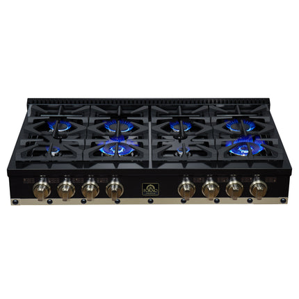 Valente 48" Gas Cooktop in Black, 8 Sealed burners, 94,000 BUT Output, 2 Antique Brass Dual-Ring Burners, Continuous Cast Iron Grates FORNO