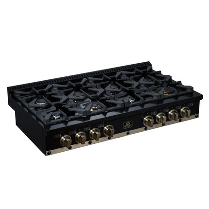 Valente 48" Gas Cooktop in Black, 8 Sealed burners, 94,000 BUT Output, 2 Antique Brass Dual-Ring Burners, Continuous Cast Iron Grates FORNO