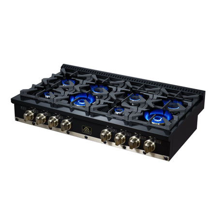 Valente 48" Gas Cooktop in Black, 8 Sealed burners, 94,000 BUT Output, 2 Antique Brass Dual-Ring Burners, Continuous Cast Iron Grates FORNO
