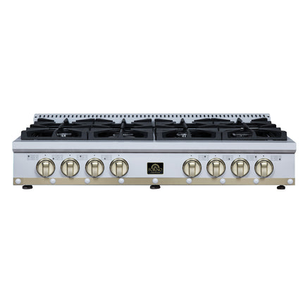 Valente 48" Gas Cooktop in White, 8 Sealed burners, 94,000 BUT Output, 2 Antique Brass Dual-Ring Burners, Continuous Cast Iron Grates FORNO