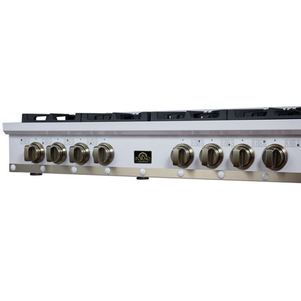 Valente 48" Gas Cooktop in White, 8 Sealed burners, 94,000 BUT Output, 2 Antique Brass Dual-Ring Burners, Continuous Cast Iron Grates FORNO