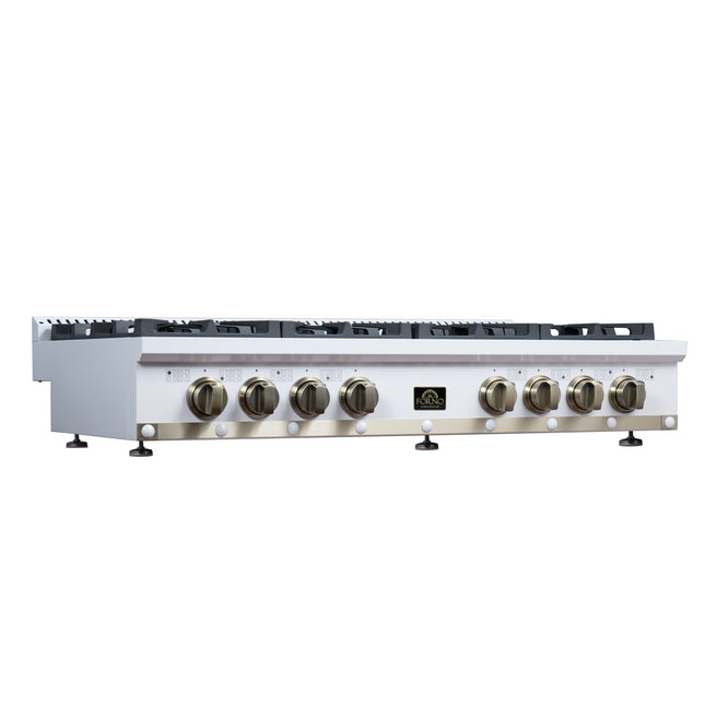 Valente 48" Gas Cooktop in White, 8 Sealed burners, 94,000 BUT Output, 2 Antique Brass Dual-Ring Burners, Continuous Cast Iron Grates FORNO