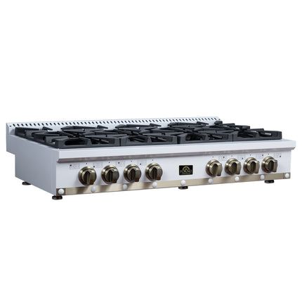 Valente 48" Gas Cooktop in White, 8 Sealed burners, 94,000 BUT Output, 2 Antique Brass Dual-Ring Burners, Continuous Cast Iron Grates FORNO