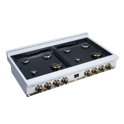 Valente 48" Gas Cooktop in White, 8 Sealed burners, 94,000 BUT Output, 2 Antique Brass Dual-Ring Burners, Continuous Cast Iron Grates FORNO