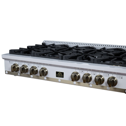 Valente 48" Gas Cooktop in White, 8 Sealed burners, 94,000 BUT Output, 2 Antique Brass Dual-Ring Burners, Continuous Cast Iron Grates FORNO
