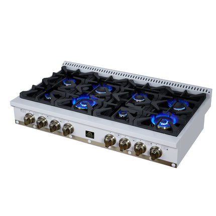 Valente 48" Gas Cooktop in White, 8 Sealed burners, 94,000 BUT Output, 2 Antique Brass Dual-Ring Burners, Continuous Cast Iron Grates FORNO
