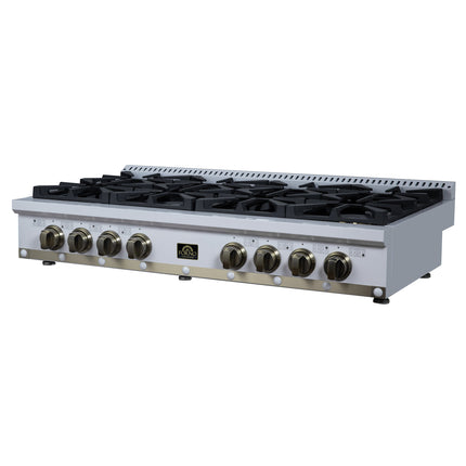 Valente 48" Gas Cooktop in White, 8 Sealed burners, 94,000 BUT Output, 2 Antique Brass Dual-Ring Burners, Continuous Cast Iron Grates FORNO