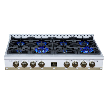 Valente 48" Gas Cooktop in White, 8 Sealed burners, 94,000 BUT Output, 2 Antique Brass Dual-Ring Burners, Continuous Cast Iron Grates FORNO