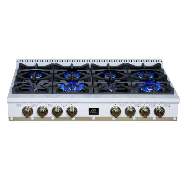 Valente 48" Gas Cooktop in White, 8 Sealed burners, 94,000 BUT Output, 2 Antique Brass Dual-Ring Burners, Continuous Cast Iron Grates FORNO