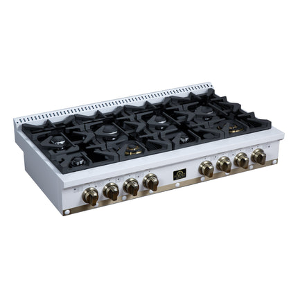 Valente 48" Gas Cooktop in White, 8 Sealed burners, 94,000 BUT Output, 2 Antique Brass Dual-Ring Burners, Continuous Cast Iron Grates FORNO