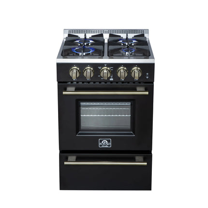 Forno Breno 24 Inch Freestanding Gas Range in Black with Antique Brass, Compact Design FORNO