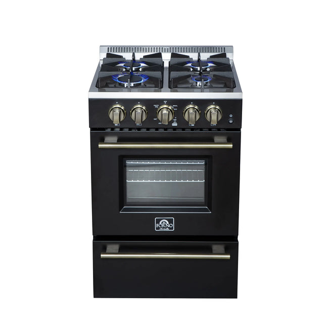 Forno Breno 24 Inch Freestanding Gas Range in Black with Antique Brass, Compact Design FORNO