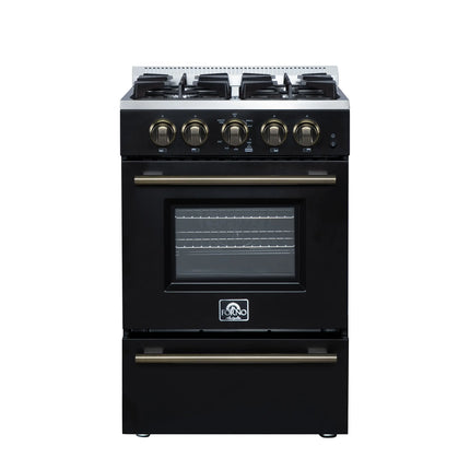 Forno Breno 24 Inch Freestanding Gas Range in Black with Antique Brass, Compact Design FORNO
