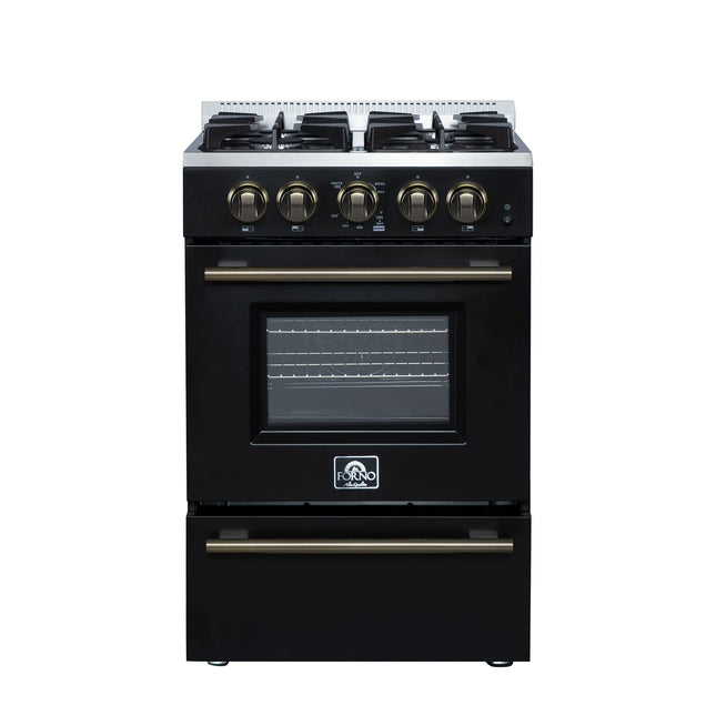 Forno Breno 24 Inch Freestanding Gas Range in Black with Antique Brass, Compact Design FORNO