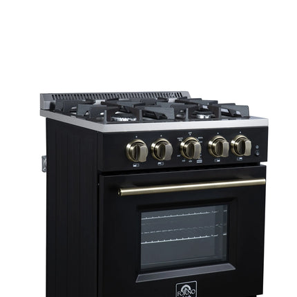 Forno Breno 24 Inch Freestanding Gas Range in Black with Antique Brass, Compact Design FORNO