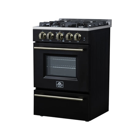 Forno Breno 24 Inch Freestanding Gas Range in Black with Antique Brass, Compact Design FORNO