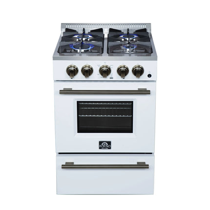Forno Breno 24 Inch Freestanding Gas Range in White with Antique Brass, Compact Design FORNO