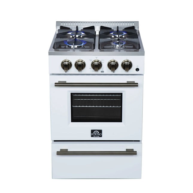 Forno Breno 24 Inch Freestanding Gas Range in White with Antique Brass, Compact Design FORNO