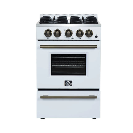 Forno Breno 24 Inch Freestanding Gas Range in White with Antique Brass, Compact Design FORNO