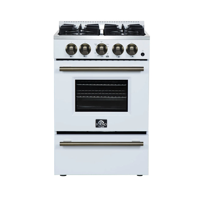 Forno Breno 24 Inch Freestanding Gas Range in White with Antique Brass, Compact Design FORNO