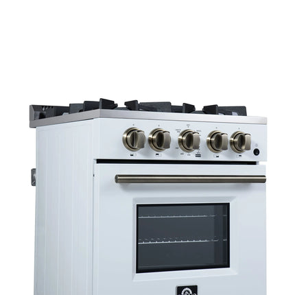 Forno Breno 24 Inch Freestanding Gas Range in White with Antique Brass, Compact Design FORNO