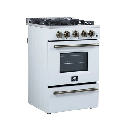 Forno Breno 24 Inch Freestanding Gas Range in White with Antique Brass, Compact Design FORNO