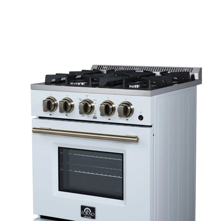 Forno Breno 24 Inch Freestanding Gas Range in White with Antique Brass, Compact Design FORNO