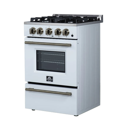 Forno Breno 24 Inch Freestanding Gas Range in White with Antique Brass, Compact Design FORNO