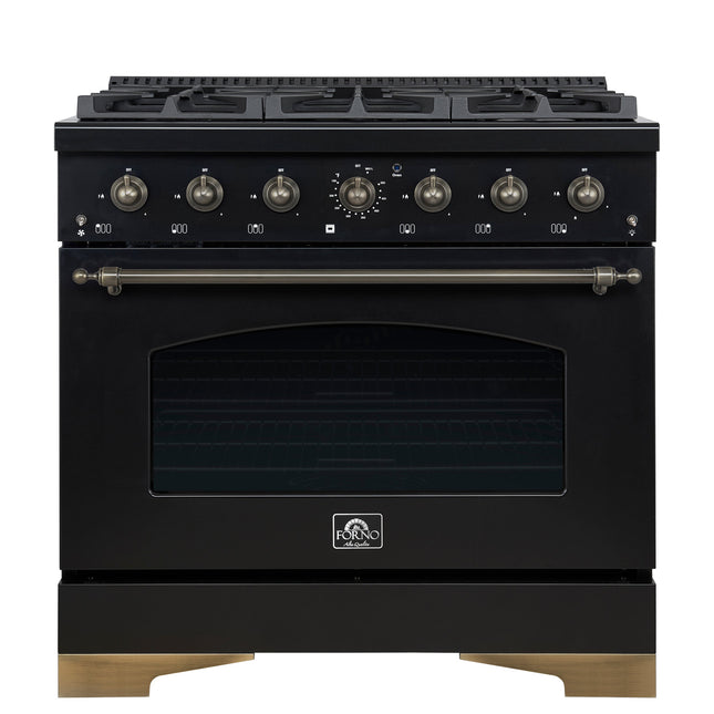 Forno Antico 36-Inch Freestanding Gas Range, Black, Antique Brass Design, 6 Burners, Convection Oven, Energy Efficient FORNO