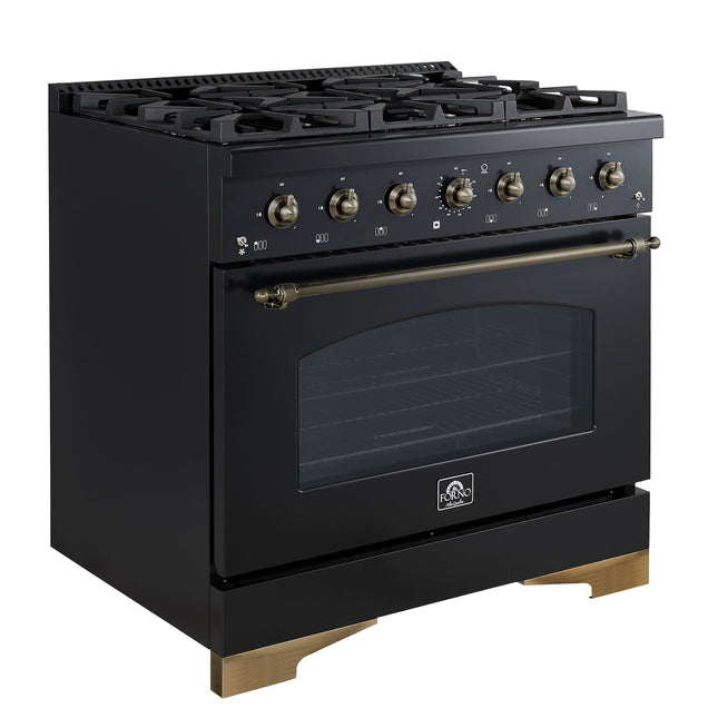 Forno Antico 36-Inch Freestanding Gas Range, Black, Antique Brass Design, 6 Burners, Convection Oven, Energy Efficient FORNO