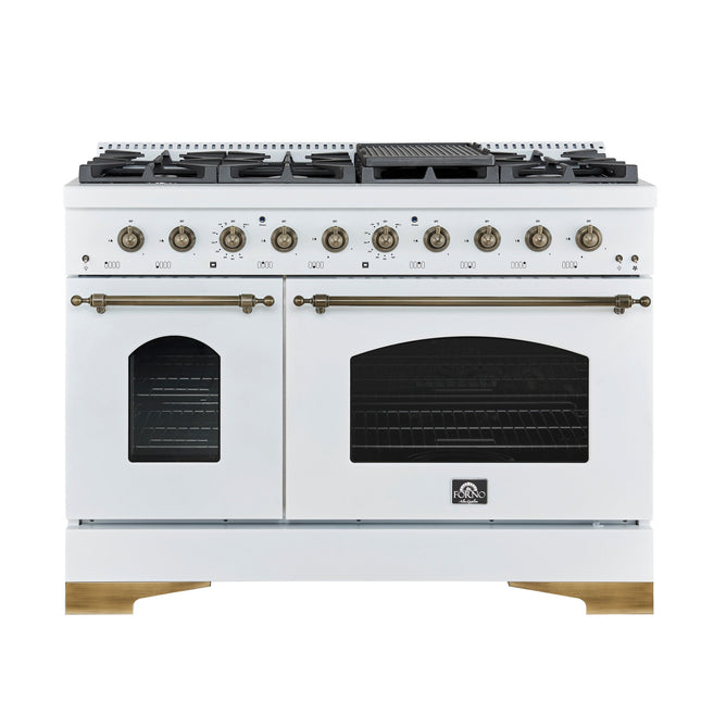 Forno Antico 48-Inch Freestanding Gas Range, White, Antique Brass Design, 8 Burners, Griddle, Double Ovens, Energy Efficient FORNO