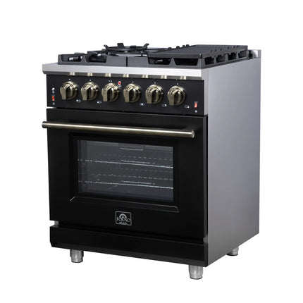 Forno Massimo 30-Inch Black Freestanding Gas Range, 5 Burners, True Convection Oven FORNO