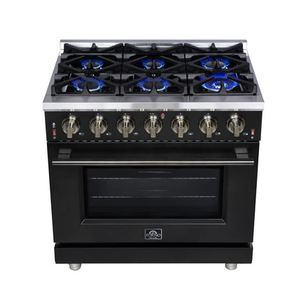 Forno Massimo 36-Inch Black Freestanding Gas Range, 6 Sealed Burners, Convection Oven, Energy Efficient FORNO
