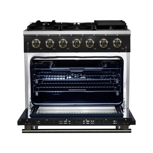 Forno Massimo 36-Inch Black Freestanding Gas Range, 6 Sealed Burners, Convection Oven, Energy Efficient FORNO